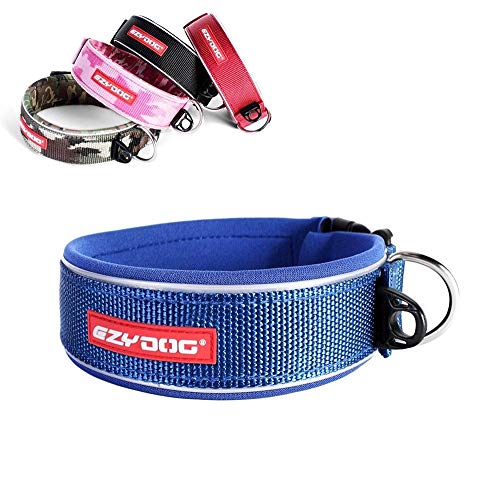 EzyDog Halsband Hund Breit, Breites Hundehalsband für Große Hunde - Neo Wide - Neopren Gepolstert, Reflektierend, Wasserfest (L, Blau) von EzyDog