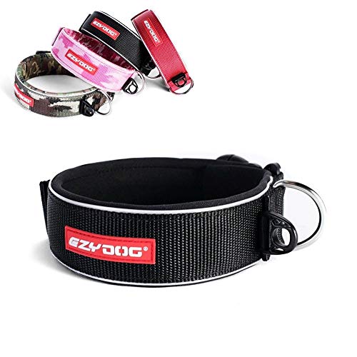 EzyDog Halsband Hund Breit, Breites Hundehalsband für Große Hunde - Neo Wide - Neopren Gepolstert, Reflektierend, Wasserfest (L, Schwarz) von EzyDog