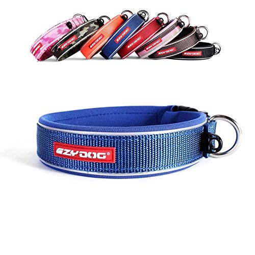 EzyDog Hundehalsband für Große, Mittelgroße, Mittlere & Kleine Hunde - Halsband Hund Neopren Gepolstert, Wasserfest, Reflektierend (L, Blau) von EzyDog