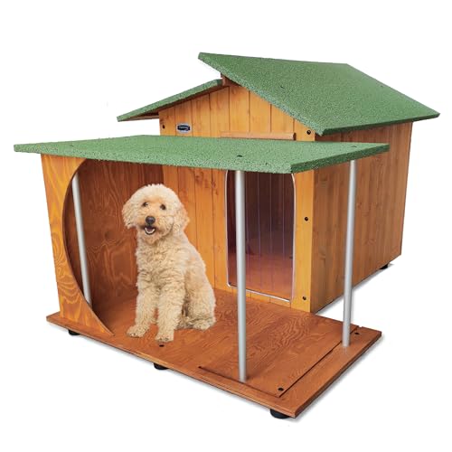 Hundehütten Hundehaus Hundehöhle mit Veranda Aus Massiv Holz Echtholz Geshenk THERMOVORHANG Made in Italy Mod. Alpi B - Pudel mit THERMOVORHANG 93x103xH62 von ORIGINAL LEGNO