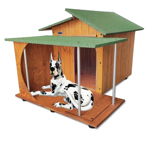 Hundehütten Hundehaus Hundehöhle mit Veranda Aus Massiv Holz Echtholz Geshenk THERMOVORHANG Made in Italy Mod. Alpi E - Deutsche Dogge 121x170xH108 von ORIGINAL LEGNO