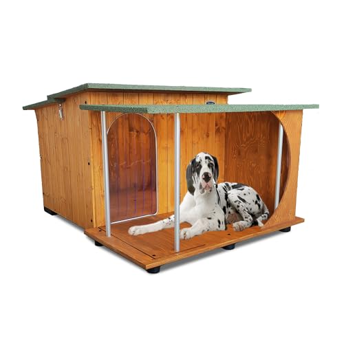 Hundehütten Hundehaus Hundehöhle mit Veranda Aus Massiv Holz Echtholz Geshenk THERMOVORHANG Made in Italy Mod. Italy E - Deutsche Dogge 121x140xH86 von ORIGINAL LEGNO