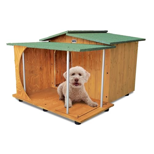 Hundehütten Hundehaus Hundehöhle mit Veranda Aus Massiv Holz Echtholz Geshenk THERMOVORHANG Made in Italy Mod. Oasi B - Pudel 72x89xH53 von ORIGINAL LEGNO