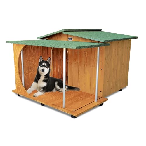 ORIGINAL LEGNO Hundehütten Hundehaus Hundehöhle mit Veranda Aus Massiv Holz Echtholz Geshenk THERMOVORHANG Made in Italy Mod. Oasi D - Deutscher Schäferhund 102x119xH80 von ORIGINAL LEGNO