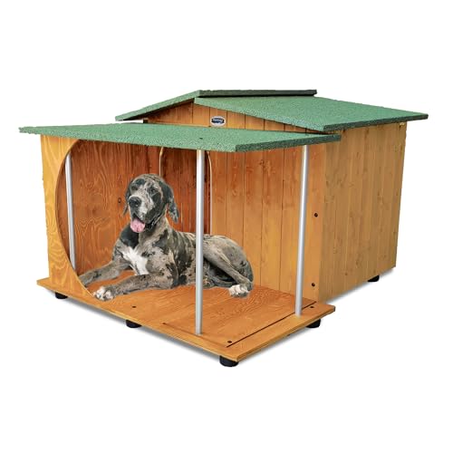 Hundehütten Hundehaus Hundehöhle mit Veranda Aus Massiv Holz Echtholz Geshenk THERMOVORHANG Made in Italy Mod. Oasi E - Deutsche Dogge 121x133xH87 von ORIGINAL LEGNO