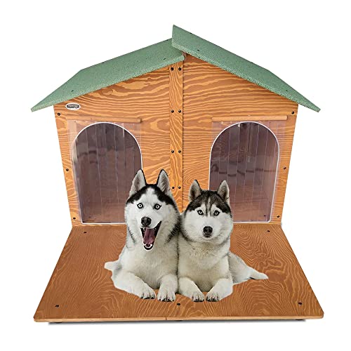 Hundehütten Hundehaus mit Terrasse Hundehöhle Aus Massiv Holz Echtholz Geshenk THERMOVORHANG Made in Italy Mod. XXXL - Extra Large mit Doppeltem Eingang von ORIGINAL LEGNO