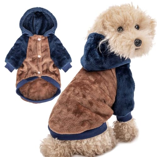 FabriCastle Hunde-Kapuzenpullover für kleine Hunde, Jungen und Mädchen, Hundekleidung, S, XS, XXS, Welpen-Sweatshirt, Haustier-Outfit, Katzenkleidung, superweich, warm, Schnappverschluss (Camel-Navy, von FABRICASTLE