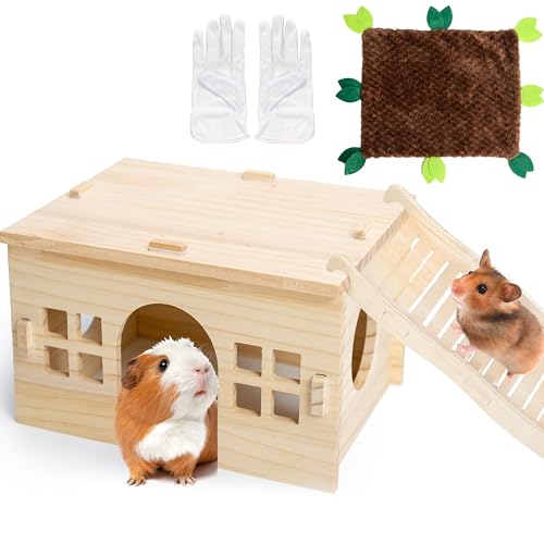 FAITUCOS Meerschweinchenversteck Holzhaus mit Treppe und Matten, Kleintierkäfig Zubehör Große Lebensräume Hütte Indoor mit wasserdichtem Futter für Ratte Hamster Igel usw. Verstecken Spielen Schlafen von FAITUCOS