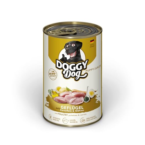 DOGGY Dog Paté Geflügel Puppy/Junior, 6 x 400 g, Nassfutter für junge Hunde, getreidefreies Welpenfutter mit Lachsöl und Grünlippmuschel, Hundefutter mit Kartoffeln und Möhre, Made in Germany von DOGGY Dog