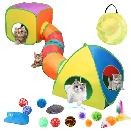 FALUCKYY 13 Stück 3-in-1-Katzentunnel, Regenbogen-Katzentunnel für Indoor-Katzen, Kaninchentunnel mit 12 Katzenspielzeugen, faltbarer Katzenspiel-Tunnel, Würfelzelt, Kätzchen-Spielzeug, von FALUCKYY