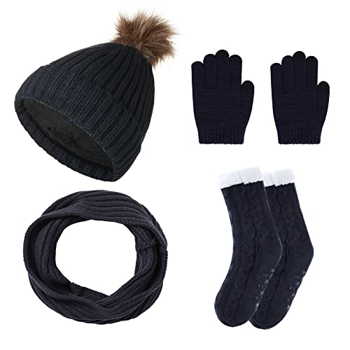 FAMKIT Damen Winter Strickmütze Beanie Mütze Warm Fleece Gefüttert Beanie Mütze mit Pom Loop Schal Touchscreen Handschuhe Anti-Rutsch Slipper Socken von FAMKIT