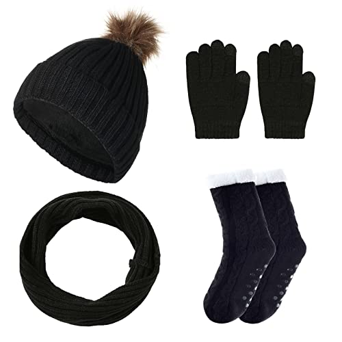 FAMKIT Damen Winter Strickmütze Warm Fleece gefüttert Beanie Mütze mit Bommel Schlaufe Schal Touchscreen Handschuhe Anti-Rutsch Hausschuhe Socken von FAMKIT