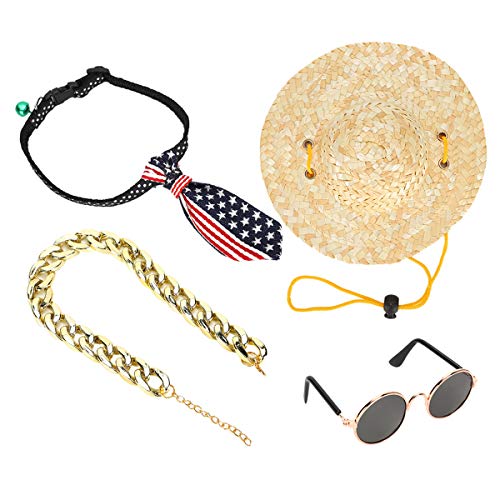 FAMKIT Haustier Hund Katze Kostüm, Brille für Katzen, 4pcs Katze Brille Katze Gold Kette, Katze Sonnenbrille und Strohhut Krawatte, Mode Cool Haustier Sonnenbrille Verstellbare Haustier Gold Kette von FAMKIT