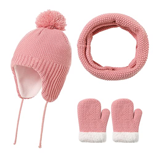 FAMKIT Wintermützen Schal Handschuhe Sets Kleinkinder Winter Fleece Gefüttert Strickmütze mit Ohrenklappen Loop Schal Handschuhe Warm Dick für 1-3 Y von FAMKIT