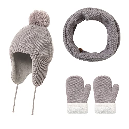 FAMKIT Wintermützen Schal Handschuhe Sets Kleinkinder Winter Fleece Gefüttert Strickmütze mit Ohrenklappen Loop Schal Handschuhe Warm Dick für 1-3 Y von FAMKIT