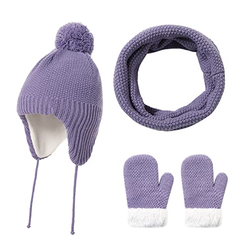 FAMKIT Wintermützen Schal Handschuhe Sets Kleinkinder Winter Fleece Gefüttert Strickmütze mit Ohrenklappen Loop Schal Handschuhe Warm Dick für 1-3 Y von FAMKIT