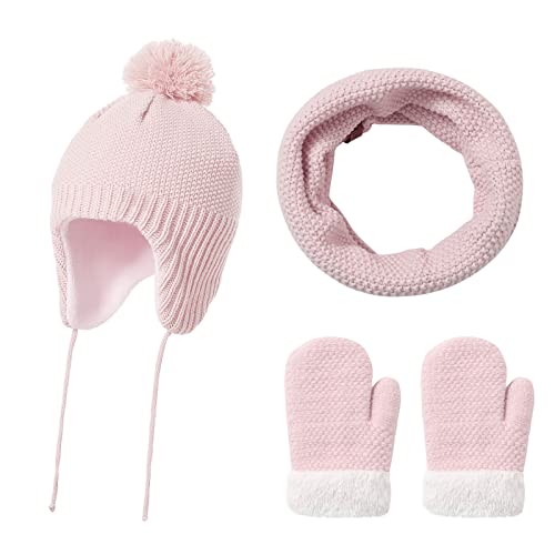 FAMKIT Wintermützen Schal Handschuhe Sets Kleinkinder Winter Fleece Gefüttert Strickmütze mit Ohrenklappen Loop Schal Handschuhe Warm Dick für 1-3 Y von FAMKIT