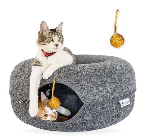 FAMPAWS Große (61 cm) Peekaboo Katzenhöhle, Katzentunnelbett, mit hängendem Ball, Peekaboo Katzenhöhlen für Indoor-Katzen, Katzenspieltunnel, kratzfest & waschbar, Donut-Katzenbett (dunkelgrau) von FAMPAWS