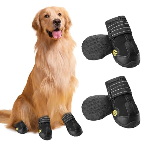 Hundeschuhe Pfotenschutz,4 Stück Wasserdicht Hundeschuhe mit Reflektierendem Klettverschluss und Anti-Rutsch Sohle, Atmungsaktive Outdoor Sport Hundestiefel für Mittlere und Große Hunde (L) von FANGCCC