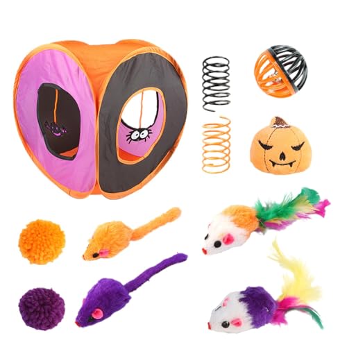 FANGZ Katzenspielzeug für den Innenbereich, Kitten Starter Kit Bundle | Niedlicher interaktiver Katzentunnel,Halloween-Katzen-Federstab, Ball, Frühlingsmäusespielzeug, faltbares quadratisches von FANGZ