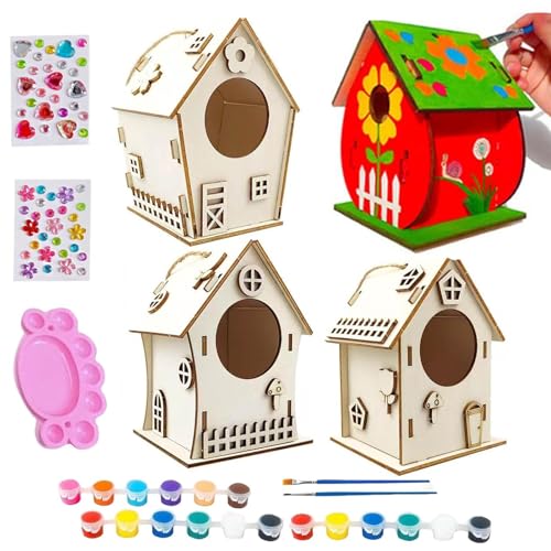 FANGZ Vogelhaus-Malset, Vogelhaus-Bastelset für Kinder | Unvollendete Vogelhäuser zum Basteln - Seilbefestigungsfunktion zum Bauen und Malen, Basteln, Farbe, Pinsel, Palette, Kleber im Lieferumfang von FANGZ