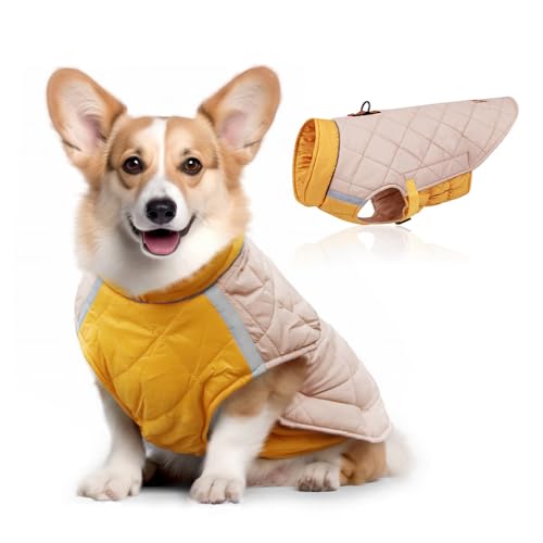 FANSU Hundemantel Winter Wasserdicht Reflektor, Warme Hundejacke Wasserdicht Herbst Haustier Jacken Wattierte Kleidung für Kleine Hunde Mittlere Hunde Große Hunde (L,Gelb) von FANSU