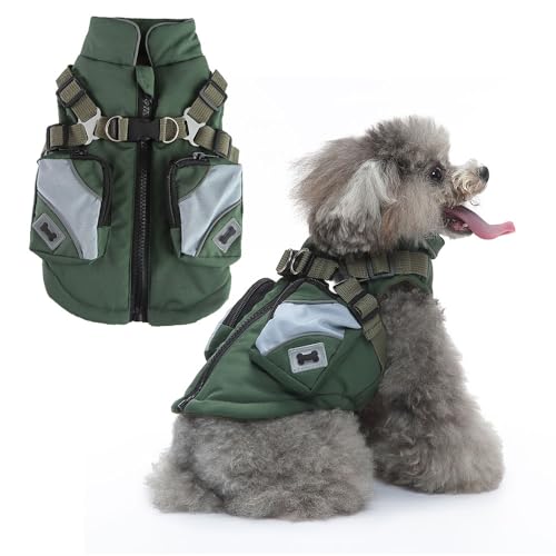 FANSU Hundemantel Winter Wasserdicht Warme Hundejacke Gezippt Herbst Haustier Jacken Wattierte Kleidung für Welpen Kleine Hunde (M,A Grün) von FANSU