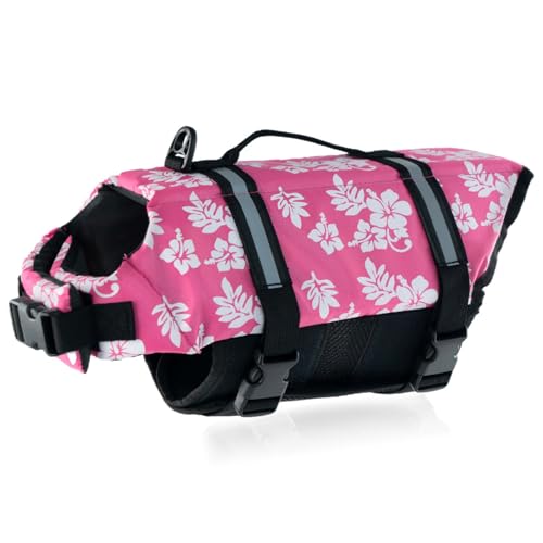 FANSU Hundeschwimmweste, Hunde Schwimmweste mit Rettungsgriff-Rettungsweste für Hunde -Verstellbare Größe zum Schwimmen, Surfen, Bootfahren (L,Rosa Blume) von FANSU