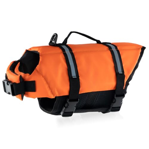 FANSU Hundeschwimmweste, Hunde Schwimmweste mit Rettungsgriff-Rettungsweste für Hunde -Verstellbare Größe zum Schwimmen, Surfen, Bootfahren (S,Orange) von FANSU