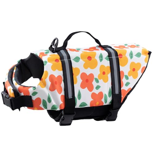 FANSU Hundeschwimmweste, Hunde Schwimmweste mit Rettungsgriff-Rettungsweste für Hunde -Verstellbare Größe zum Schwimmen, Surfen, Bootfahren (XXL,Gelbe Blume) von FANSU