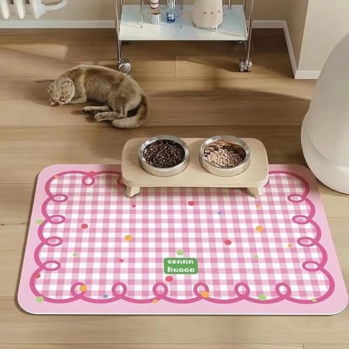 FANSU Napfunterlage Hund, Buntes Karomuster Druck Saugfähig Schnelltrocknende Waschbar rutschfest Futtermatte, Diatomeenerde Futtermatte Hund Futterunterlage Katze (Rosa,50x80cm) von FANSU