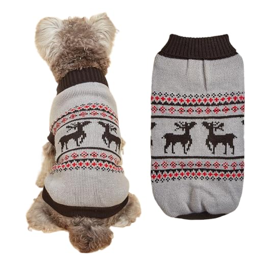 FANSU Weihnachten Hundepullover für Kleine Hunde, Klassisches Elchmuster Gestrickt Hunde Pullover Rollkragen Weiche Winter Warme Welpen Sweatshirt Hundepulli Haustier Pullover (M,Grauer Elch) von FANSU