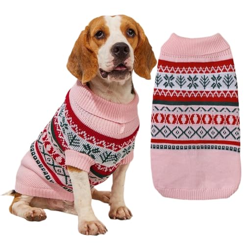 FANSU Weihnachten Hundepullover für Kleine Hunde, Klassisches Elchmuster Gestrickt Hunde Pullover Rollkragen Weiche Winter Warme Welpen Sweatshirt Hundepulli Haustier Pullover (XXL,Rosa) von FANSU