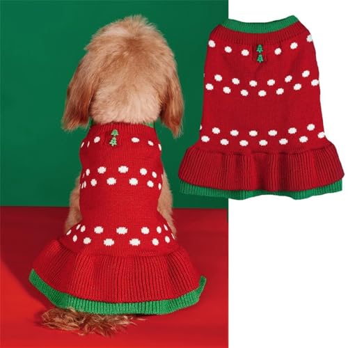 FANSU Weihnachten Hundepullover für Kleine Hunde, Weihnachtsstil Gestrickt Hunde Pullover Rollkragen Ultra Weiche Winter Warme Welpen Sweatshirt Hundepulli Haustier Pullover (L,Rot Gepunktet) von FANSU