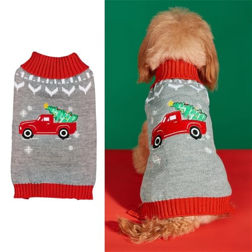 FANSU Weihnachten Hundepullover für Kleine Hunde, Weihnachtsstil Gestrickt Hunde Pullover Rollkragen Ultra Weiche Winter Warme Welpen Sweatshirt Hundepulli Haustier Pullover (S,Rotes Auto) von FANSU