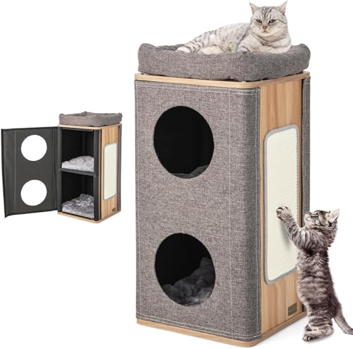 FANTASK 3-stöckige Katzenhöhle Katzenfass, Katzenhaus mit Kratzbrett & 3 Matten, Spielfass für Katzen bis 20 kg, Katzenturm Kratzbaum Katzenmöbel von FANTASK