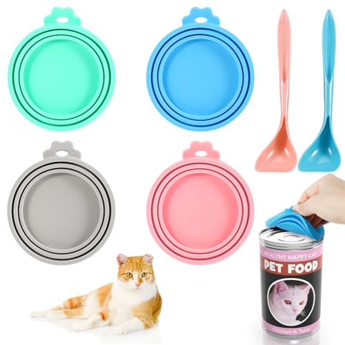 FANTESI 4 Stück Dosendeckel mit 2 Löffeln,Silikon Deckel für Dosen 3in1 Universal Deckel Dose Katzenfutter Tierfutterdosen Deckel für Katzenfutter Hundefutter Dosen 200g 400g von FANTESI