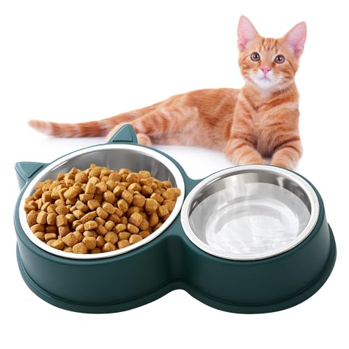 Katzennäpfe Katzenschüssel Set, 30cm Rutschfestes Edelstahl Fressnapf Set, Doppelschüssel Katze für Trocken- & Nassfutter, Wasserschale für kleine Haustiere, Erhöhter Katzennapf (Grün) von FANWINKJ