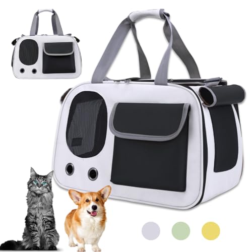 FARYODI Hundebox Auto Katzen Transporttasche - Katzen Hunde Tragebox,45 x 26 x 28 cm,Atmungsaktive und Faltbare Hundebox,Katzen Transportboxen Mit Verstellbarem Schultergurt - Grau von FARYODI