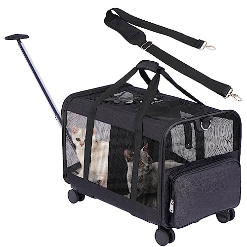 FASNATI Haustier-Tragetasche mit Doppelfach, abnehmbare Räder, für Katze/Hund, Roll-Tragetasche für 2 kleine Kaninchen, super belüftetes Design, ideal für Reisen/Spazierengehen/Camping, Schwarz von FASNATI