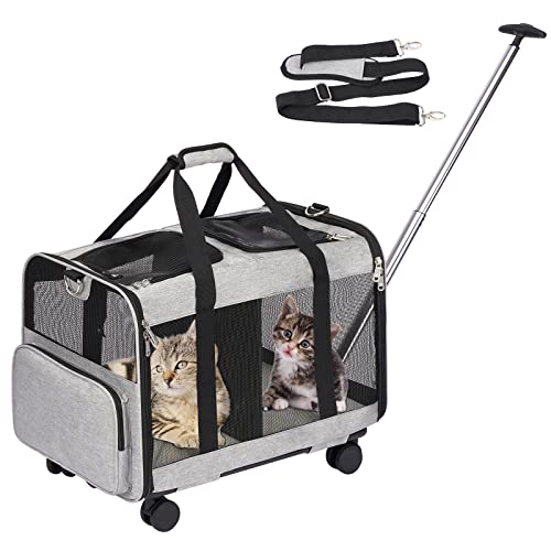 FASNATI Transporttasche mit Zwei Fächern und Abnehmbaren Trolley für Katze/Hund, Tragetasche mit Rollen für 2 Katzen/Hunde, Super Belüftetes Design, ideal für Reisen/Spaziergänge/Camping, Grau von FASNATI