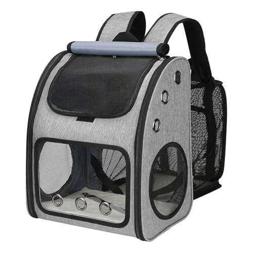 FASRIOU Erweiterbar Katzenrucksack Hunderucksack für Große Katzen und Kleine Hunde, Faltbare Katzen Rucksack bis 10kg mit Innerer Sicherheitsleine, Haustier Rucksack mit Fenster, Grau, XL von FASRIOU