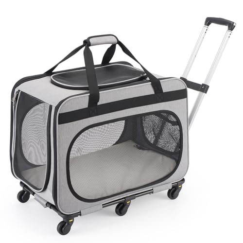 FASRIOU Transportbox Katze Groß bis 20kg, 2-in-1 Hunde Transportbox mit Rollen, Katzentransportbox Hundebox Auto, Faltbare Haustierreisetrage für Katzen/Hunde, Grau von FASRIOU