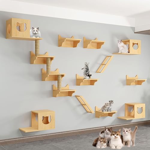 FATACO Kletterwand Katzen, Moderne Wandmontierte Katzenmöbel, Inklusive Katzen-Wandkratzern, Katzenhaus, Stufen, Leitern, Verdickter Platte, DIY-freie Kombination (Size : B8-17PCS) von FATACO