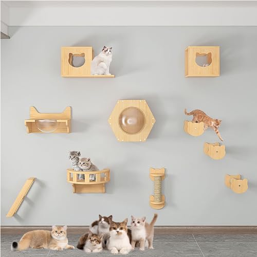 FATACO Kletterwand Katzen Ecke, Katzenregale und Sitzstangen für Die Wand, mit Kratzbaum, Katzensitzstange, Katzenkratzer, Katzenbrücke und Katzenhütte (Size : B6-9PCS) von FATACO