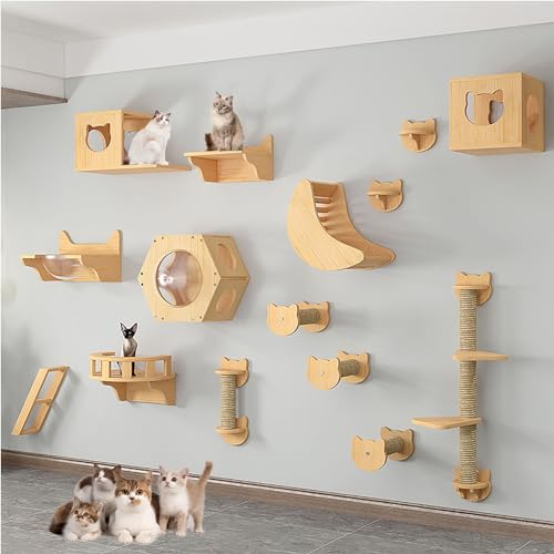 FATACO Kletterwand Katzen Ecke, Katzenregale und Sitzstangen für Die Wand, mit Kratzbaum, Katzensitzstange, Katzenkratzer, Katzenbrücke und Katzenhütte (Size : B9-15PCS) von FATACO