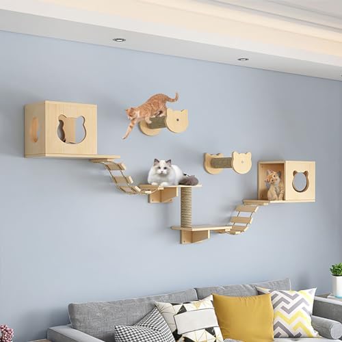 FATACO Kletterwand Katzen Set, Katzen Wand Klettern, Katzenregale Umfassen Katzenhaus, Katzenkratzbaum, Katzenwandstufen, Sprungplattform, Robust und Langlebig, Platzsparend (Size : B6-9PCS) von FATACO