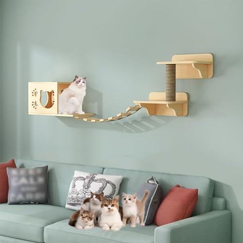 Katzen Kletterwand Set, Kletterwand Katzen Holz, mit Katzenhaus, Kratzbäumen, Katzenleiter, Sprungplattformen, zum Klettern, Schlafen und Spielen (Size : B1-5PCS) von FATACO