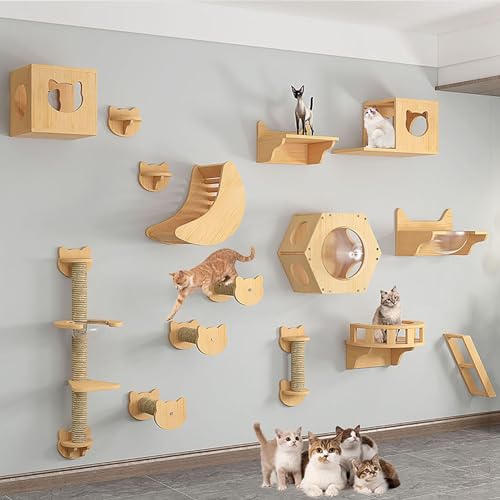Katzen Wand Klettern Set, Katzenregale und Sitzstangen für die Wand, Inklusive Katzenkratzbaum, Katzenhaus, Stufen, Leitern, Sprungplattform, 14 Arten von Paketen (Size : B14-15PCS) von FATACO