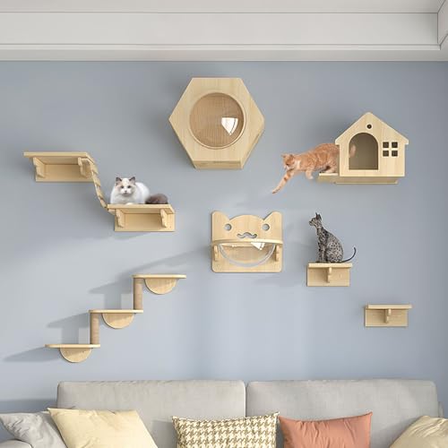 Katzentreppe Wand Set, Katzenregale und Sitzstangen für Die Wand, Inklusive Katzenhaus, Katzenleiter, Katzenkratzbaum, Sprungplattform, Können Durch Heimwerker Frei Kombiniert Werden (Size : B4-13PC von FATACO